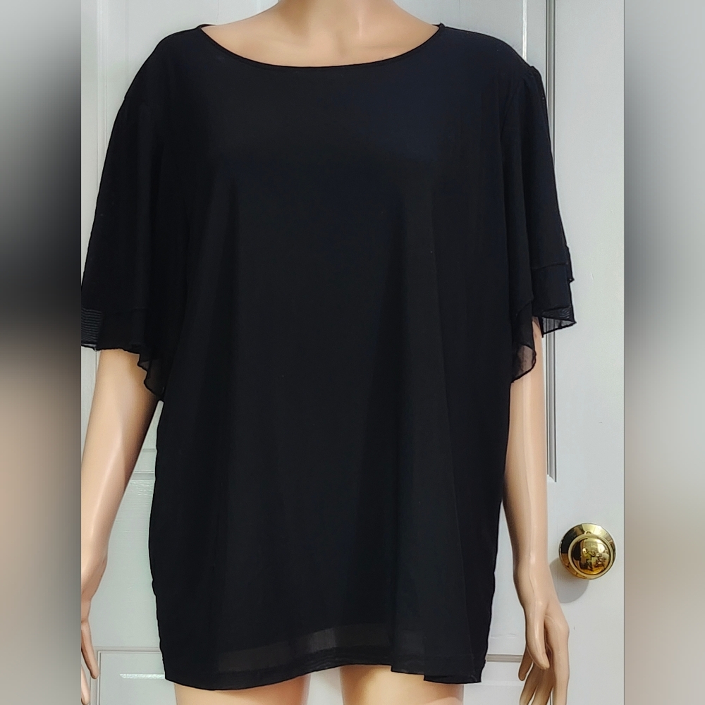 Black Double Flounce Short Sleeve Blouse